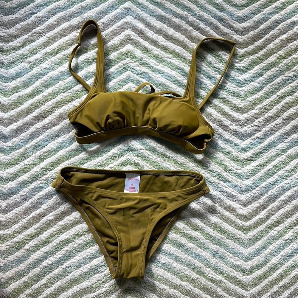 Sparkly olive color bikini, open back, adjustable, size extra small